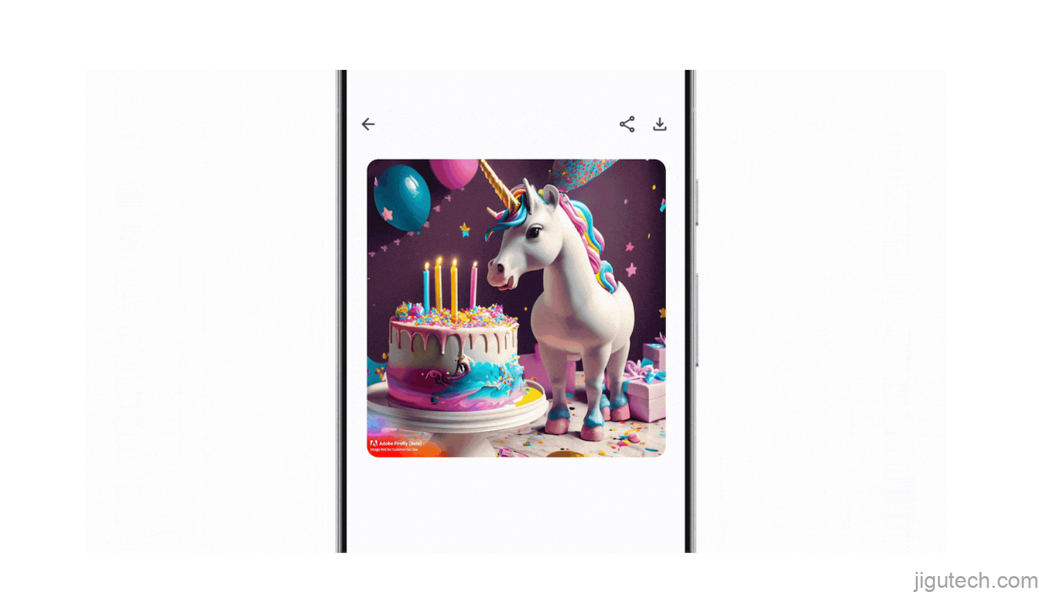 一张图片显示独角兽站在生日蛋糕前，周围环绕着装饰品。