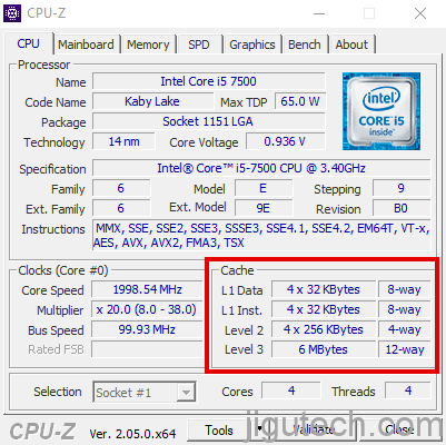 查看 CPU-Z 中的 L1 缓存