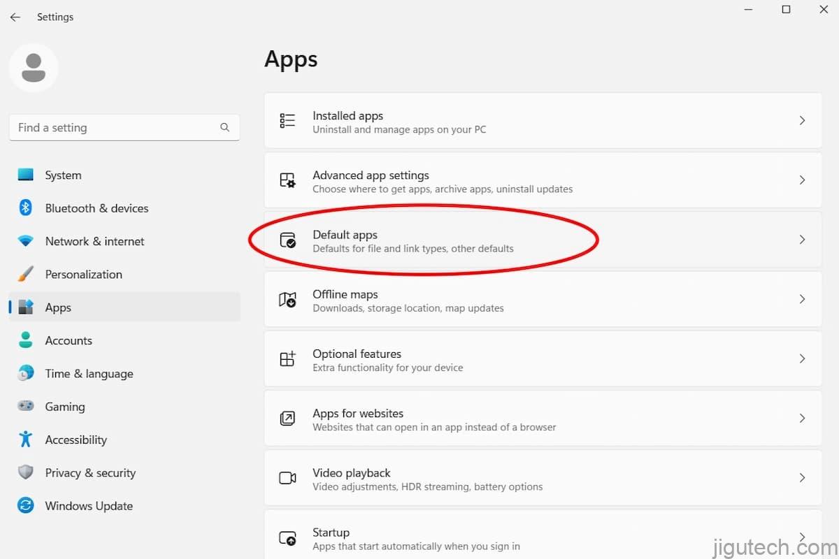 Inside the Apps menu, click the “Default apps” bar.