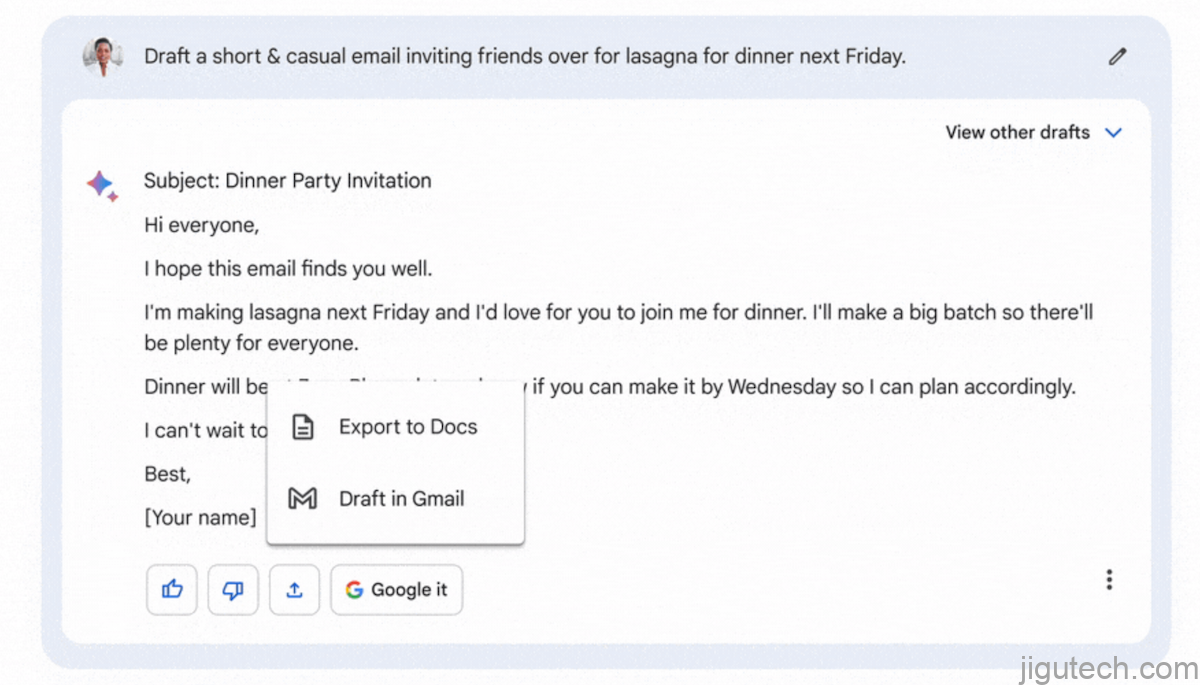 显示 Google Bard 回复的图片，带有将其导出到 gmail 或 Google Docs 的选项。
