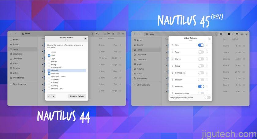 Nautilus 改进了 GNOME 45 的列定制插图