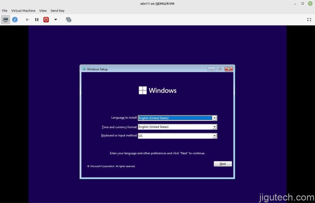 virt-manager 中的 Windows 11 安装程序 - 第一个屏幕